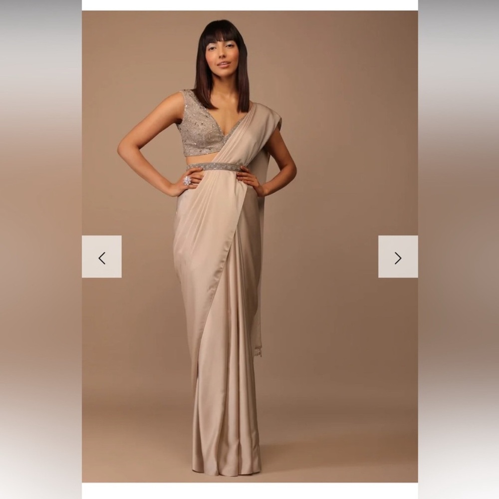 Champagne Satin Saree With Bead Fringes Paired With Heavily Embellished Top